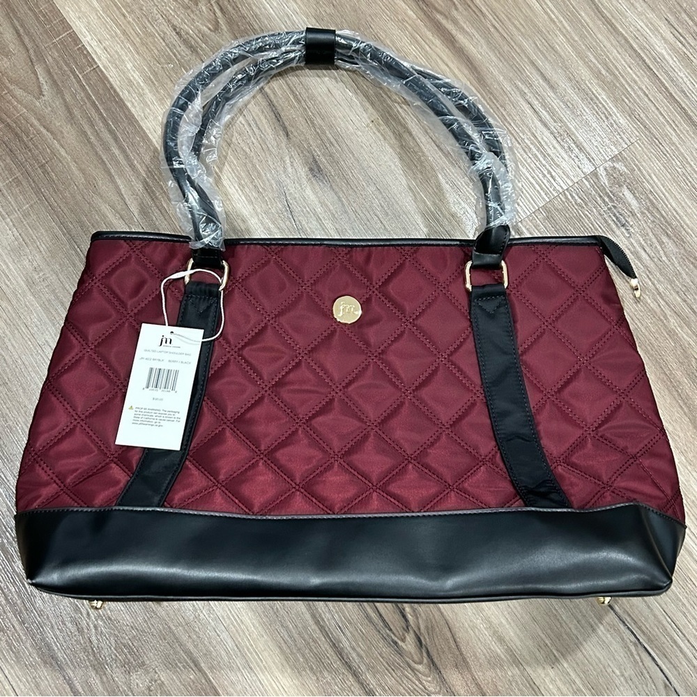 Jessica Moore Berry Black Quilted Nylon Laptop Shoulder Bag NWT
